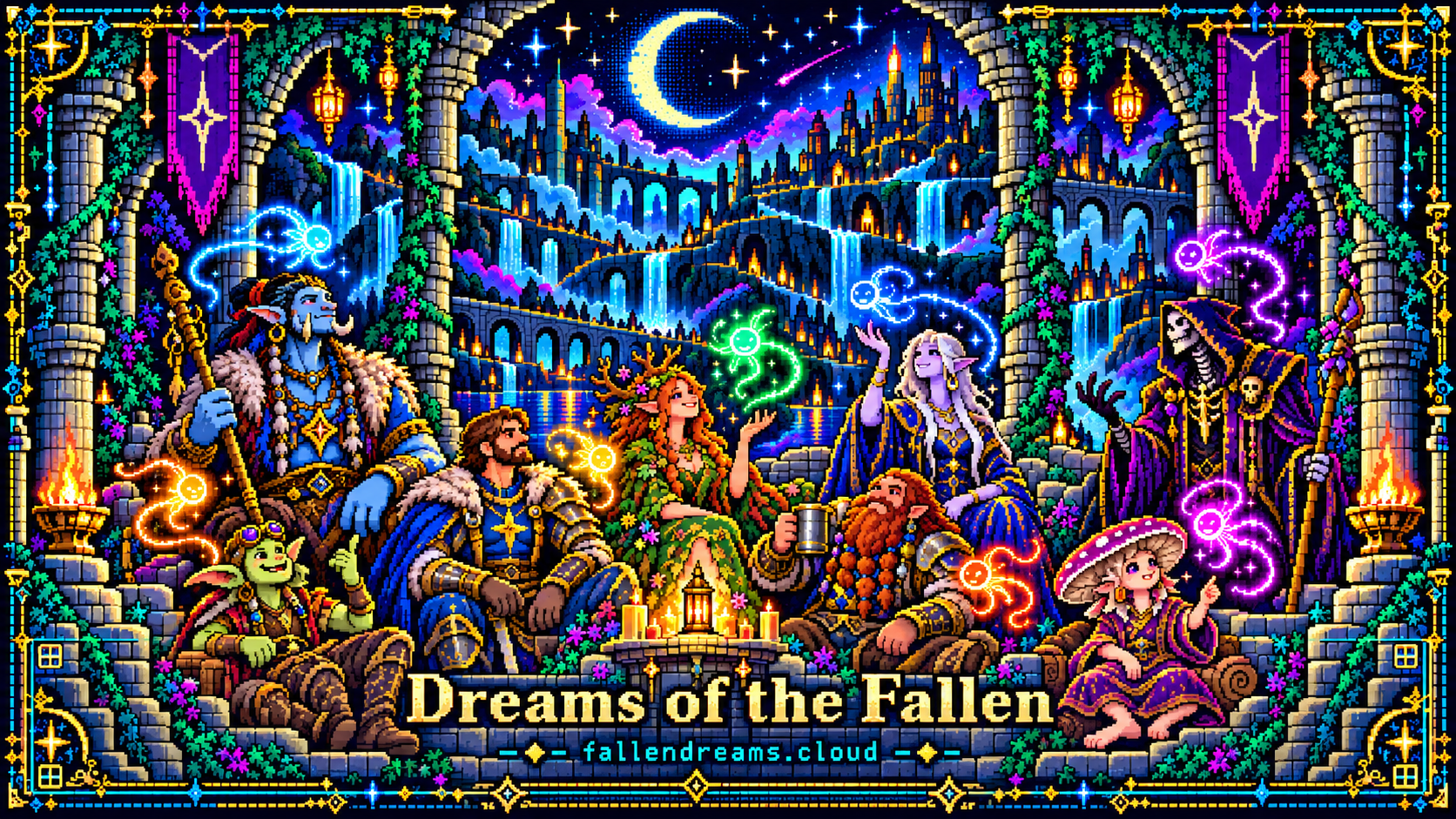 Dreams of the Fallen — adventurers and glowing wisps overlooking a moonlit city in Astralis